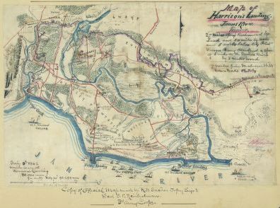 Map of Harrison's Landing, on the James River in Virginia, showing camps of the U.S. Army of the Potomac after the Seven Days' Battles, June 25 - July 1, 1862. Courtesy, Library of Congress