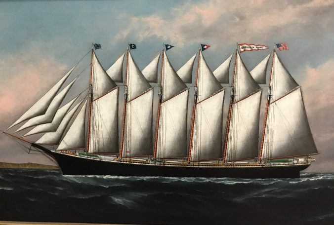 Six-masted schooner George W. Wells, S.F.M. Badger, oil on canvas. Built in Camden, Maine, the schooner wrecked on Ocracoke Island in 1913. Courtesy, Maine Maritime Museum