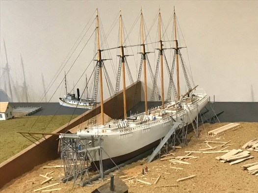 A diorama at the Maine Maritime Museum showing the 5-masted schooner Carroll A. Deering a week shy of launching in 1919. The Carroll A. Deering was the last vessel built at the Gardiner G. Deering yard. Courtesy, Maine Maritime Museum