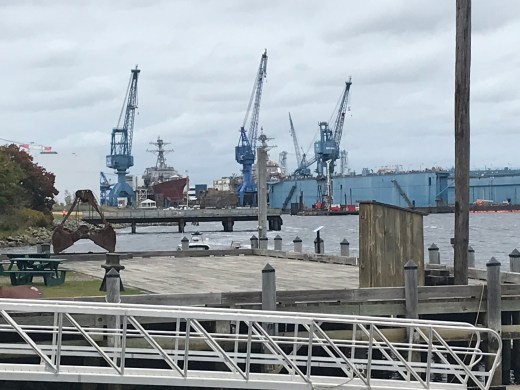 View of the Bath Iron Works and the Penobscot River from the Bath Maritime Museum in Bath, Maine. Photo by David Cecelski
