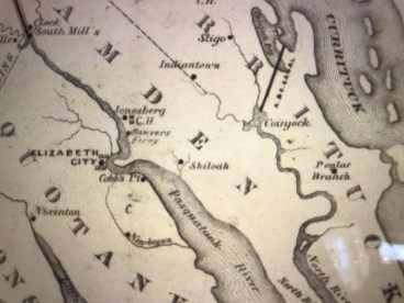 Map showing some of the principal sites mentioned in Brief Life of Rev. L. R. Ferebee, including Coinjock, Shiloh and Elizabeth City. Indian Ridge, where his mother Chloe was enslaved, is located northwest of Coinjock. Detail of "Dismal Swamp Canal connecting Chesapeake Bay with Currituck, Albemarle and Pamlico Sounds and their tributary streams" (D. S. Walton, 1867). Courtesy, North Carolina Collection, UNC-Chapel Hill Library