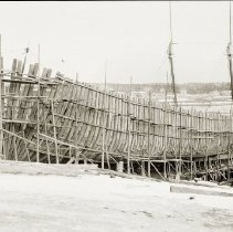 The 4-masted schooner Pendleton Brothers under construction at F. C. Pendleton's shipyard, Belfast, Maine, 1903. Courtesy, Penobscot Marine Museum