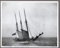 Built in Bath, Maine, the schooner Belle O'Neill is seen here in distress probably in 1905. Three years later, she wrecked off Cape Lookout. Courtesy, Penobscot Marine Museum