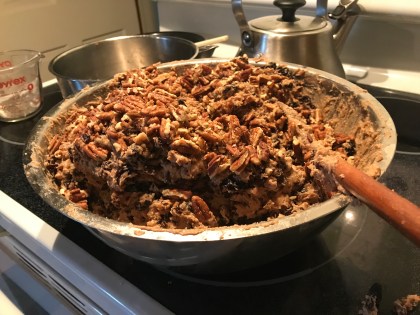 Stirring the pecans into my fruitcake batter yesterday. My grandmother Vera's recipe. Photo by David Cecelski