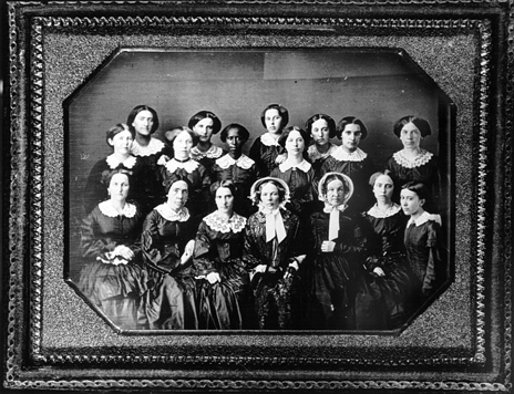 Women graduates of Oberlin College, class of 1855. Ann N. Hazle, daughter of a free African American baker and blacksmith in New Bern, is third from the left on the middle row. Courtesy, Oberlin College Archives