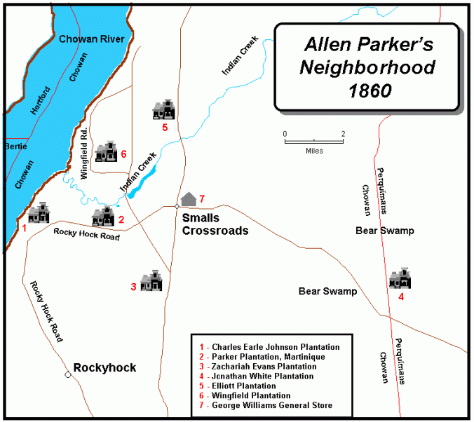 Map of Allen Parker's neighborhood in Chowan County, N.C., 1860. Map by Theresa Nelson. From the website for the Allen Parker Slave Narrative