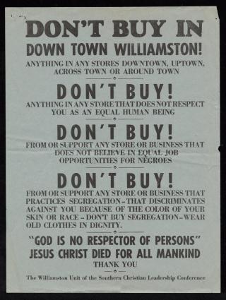 Poster supporting economic boycott of Williamston's downtown businesses that discriminated against black customers. Courtesy, East Carolina University Digital Collections 
