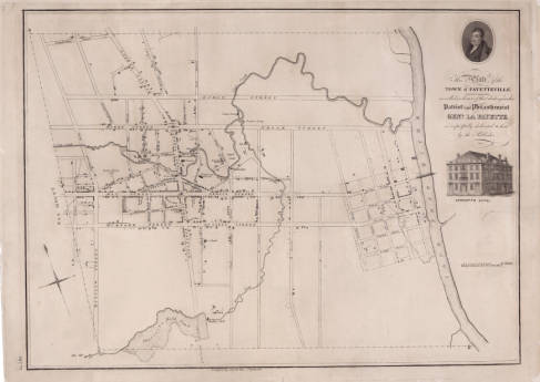 Plate of the town of Fayetteville, N.C. (Fayetteville: John MacRae, ca. 1825). The Cape Fear River is on the righthand side of the map, and the town sits on Cross Creek, which you can see flows into the river. Matthew Leary's saddle and harness shop was located on one of the town's main street corners. Courtesy, North Carolina Collection, UNC-Chapel Hill
