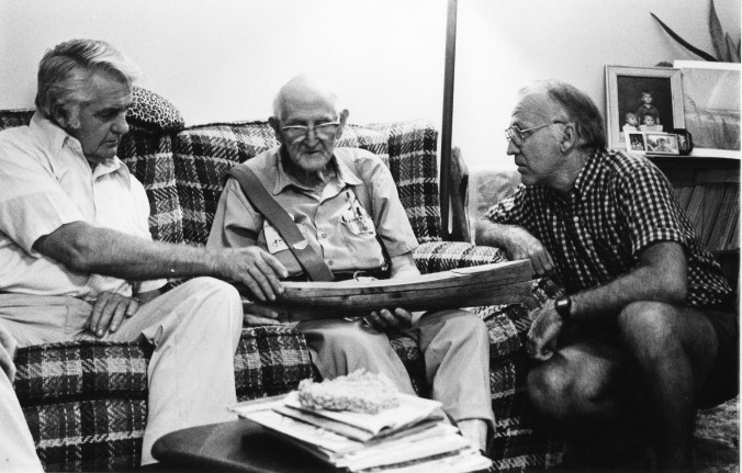 Mike Alford talking with shad boat builder Worden Dough (center) and H. A. Creef, Jr. (left), the great-grandson of George Washington Creef, ca. 1980. Manteo, N.C. Photo by Earl Willis, Jr. Courtesy, Mike Alford