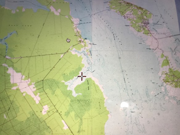 The cross on this USGS topo map marks Callaghan's Creek, on the mainland of Dare County, N.C. The shaded area around the creek is Callaghan's Swamp, an important source of juniper for shad boat builders. We can see Croatan Sound and Roanoke Island to the east, on the righthand side of the map.