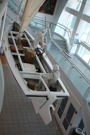 A restored shad boat, built by Alvirah Wright ca. 1904, now hangs at the entranceway of the Museum of the Albemarle in Elizabeth City, N.C., near where Wright's boat shop was located. Courtesy, Museum of the Albemarle