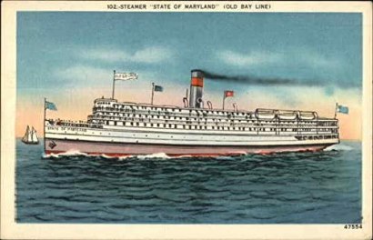 Postcard of the steamer State of Maryland, operated by the Baltimore Steam Packet Co. (nicknamed "The Old Bay Line"). From Amazon.com