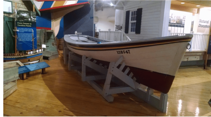 Built by H. A. Creef, Sr. and restored by Joe Meekins, the shad boat Foul Play is now on display at the Roanoke Adventure Museum in Manteo, N.C. Photo by Jeffrey B. O'Neill. From his ECU M.A. thesis "The Technological and Cultural Context of the North Carolina Shad Boat" (1916).