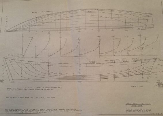 Delineation drawing of a shad boat. Taken off June 1981 at N.C. Maritime Museum by Mike Alford and Marty Blee. Drawn Aug. 1981 by Mike Alford.