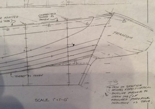 Detail from shad boat delineation drawing. Taken off June 1981 at N.C. Maritime Museum by Mike Alford and Marty Blee. Drawn Aug. 1981 by Mike Alford. 