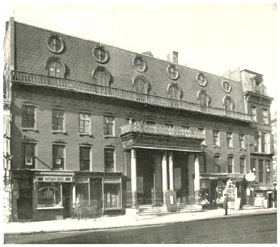 Wood's Minstrel Hall, 515 Broadway, NYC. Originally a Jewish synagogue, the building was turned into a theater in 1862 and became known for its minstrel and burlesque acts. It eventually housed the Theatre Comique, where the Wilmington Jubilee Singers performed early in 1876. From The Hatching Cat
