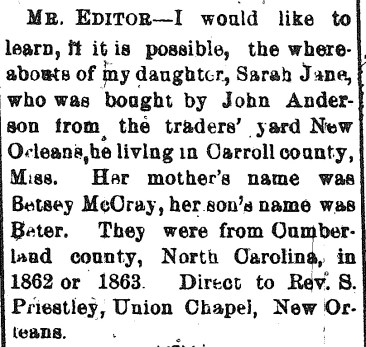 Many enslaved people from North Carolina ended up at the great slave market in New Orleans. Southwestern Christian Advocate (New Orleans, La.), 27 April 1882.