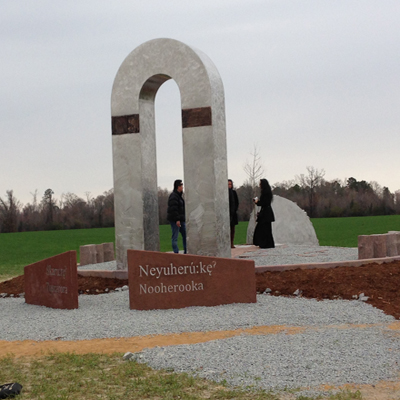 The Nooherooka Monument, near Snow Hill, N.C., marks the site of the last Tuscarora stronghold in the Tuscarora War. Hundreds of mainly women and children died there in March 1713. Colonial forces took more than 400 of the survivors to South Carolina and sold them into slavery. Courtesy, History Department, East Carolina University 