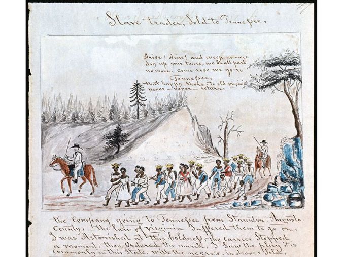 Slave traders marching a coffee of slaves from Virginia west to Tennessee, ca. 1850. Courtesy, Abby Aldrich Rockefeller Folk Art Museum, Colonial Williamsburg Foundation, Williamsburg, Virginia