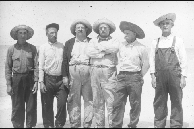 The manta ray hunting crew (left to right): Roland Phillips, Capt. Charlie Willis, Russell Coles, Teddy Roosevelt, Capt. Jack McCann & Mart Lewis. Courtesy, Walter Coles, Sr., Chatham, Va.
