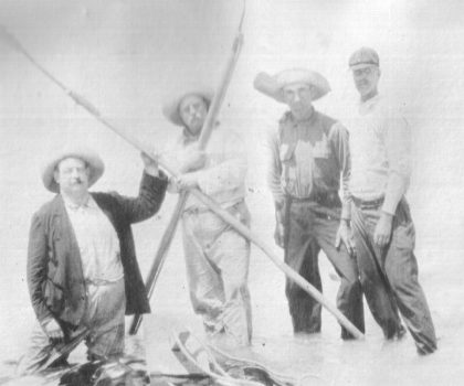 Left to right: Russell Coles, Teddy Roosevelt, Mart Lewis and Roland Phillips. Captiva Island, Fl., 1917. Courtesy, Walter Coles, Sr., Coles Hill, Va.