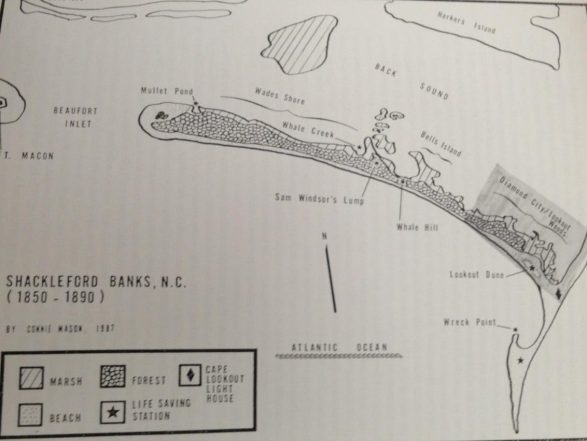 Map of Shackleford Banks and Cape Lookout, 1850-1890, before the height of the migration off the island. The largest settlement, with perhaps as many as 500 residents, was Diamond City on the island's east end. Map by Connie Mason. Courtesy, National Park Service