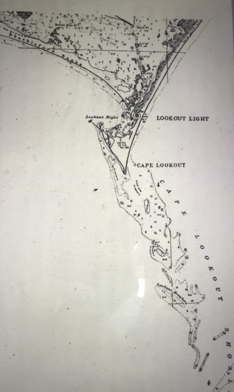 Map of Cape Lookout Shoals, where Russell Coles did most of his shark hunting. The shoals run roughly 10 miles south of Cape Lookout. From [FILL IN]