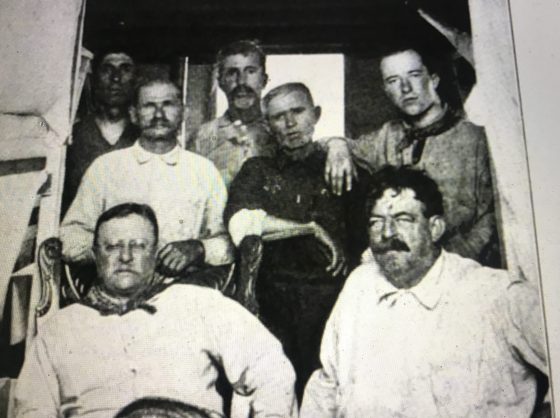 Capt. Jack McCann, Capt. Charlie Willis, Roland Phillips and Gus Rice. Seated: Teddy Roosevelt and Russell Coles. From Scribner's Magazine vol. 62, #1 (July 1917).
