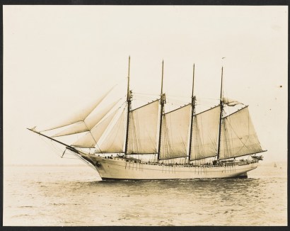 The German submarine U-140 sank the 4-masted coal schooner Stanley M. Seaman 128 miles off Cape Hatteras, N.C., on Aug. 5, 1918. Photo courtesy, Historic New England. 
