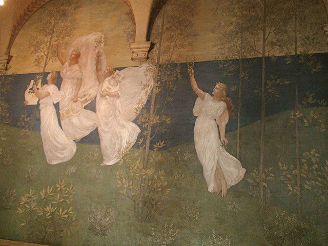 "The Muses of Inspiration hail the Spirit, the Messenger of Light" is one of eight mural panels by the French painter Pierre Puvis Chavannes in the Boston Public Library. Courtesy, Boston Public Library