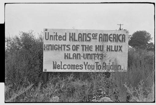 Klu Klux Klan sign on road into Ayden, N.C., 25 miles from Ernul, Aug. 29-30, 1966. From the Daily Reflector Image Collection, ECU Digital Collections