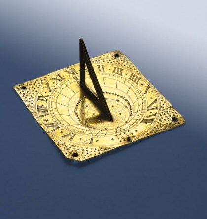 Brass sundial, ca. 1644. The original owner, John Proctor, was one of the victims of the Salem witch trials. He was hung for witchcraft on Aug. 19, 1692. His and his wife Elizabeth's story is told in Arthur Miller's play, The Crucible. Photo courtesy, Peabody Essex Museum