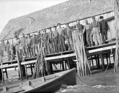 Fishermen at Barn Slue (or Barney Slough) fish camp near Hatteras Island, N.C. Photo by H. H. Brimley, ca. 1905. Courtesy, State Archives of North Carolina