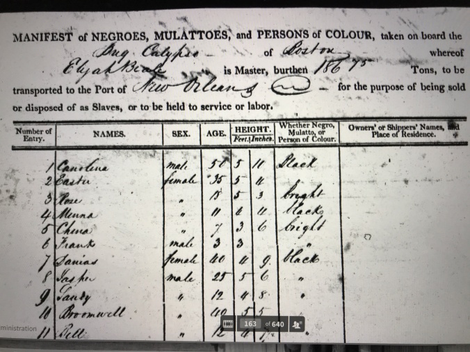 Detail from slave manifest of the brig Calypso, April 3, 1819. National Archives, Slave Manifests of Coastwise Vessels Filed at New Orleans, Louisiana, 1807-1860; Microfilm Serial: M1895; Microfilm Roll: 1. Accessed on Ancestry.com.