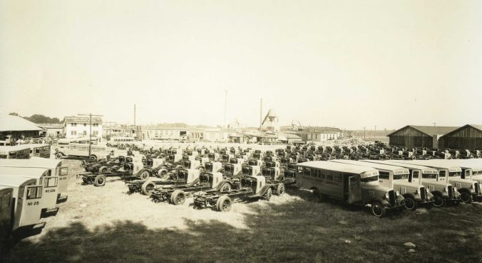 View of the Hackney plant yard, Wilson, N.C., during the school bus season in the 1930s. Courtesy, NC Collection, Barton College