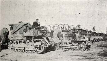 Line of tractors at Fort Bragg. A total of approximately 7,500 construction workers built the army base in 1918-19. Many came from local farms, but some came from as far as the Great Lakes and Puerto Rico. From Camp Bragg and Fayetteville: Sketches of Camp and City (Richmond, Va.: Central Pub. Co., 1919). 