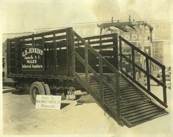 Hackney-built mule hauling trailer, ca. 1927. Courtesy, NC Collection, Barton College