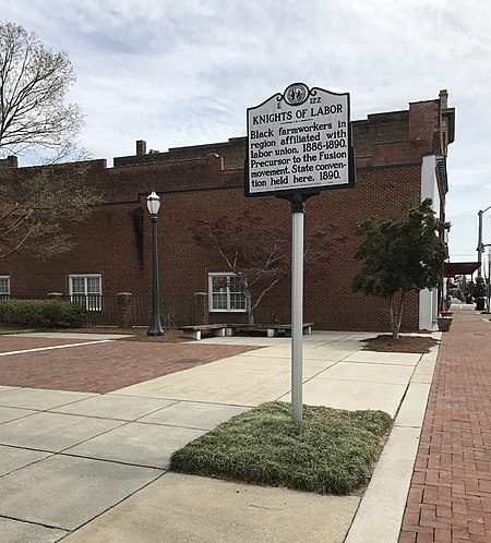 State historic marker commemorating the Knights of Labor, Tarboro, N.C. In 1886-90, Knights of Labor chapters spread throughout NC. In the heart of the state's Black Belt, Wilson, Pitt and Edgecombe County (where Rocky Mount is) all had at least 18 chapters of the Knights of Labor. Photo from WikiCommons. 