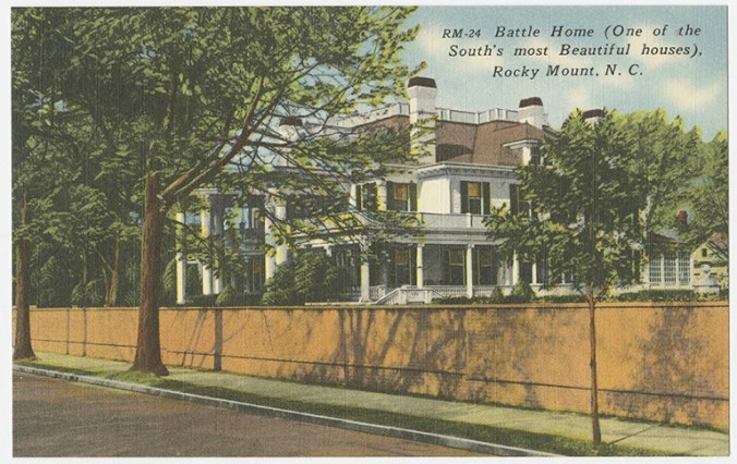 Postcard of the T. J. Hackney house, Rocky Mount, N.C. Thomas J. Hackney was the son of the Hackney Co.'s founder and established the Hackney Bros. factory in Rocky Mount. The house was built for him ca. 1900 bu was later owned by Hymen Battle (hence the caption on the postcard), the president of Rocky Mount Mills. Courtesy, North Carolina Collection, University of North Carolina Library