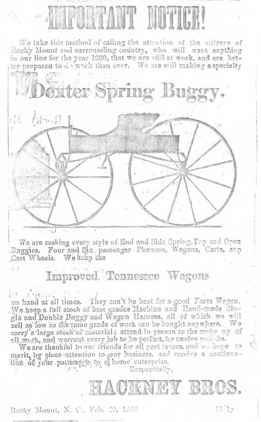 Ad for the Hackney Bros. Dexter spring buggy (Rocky Mount Progress, 19 Mar. 1880.) Courtesy, N.C. Collection, Willis N. Hackney Library, Barton College
