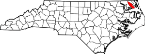 Pasquotank County is in the northeast corner of North Carolina, on the north side of the Albemarle Sound. Elizabeth City is the county seat. Courtesy, Wikipedia