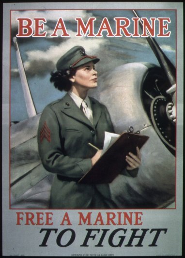Marine Corps Women's Reserve recruiting poster, World War II. By the end of 1944, more than 15,000 Women Marines were performing over 200 different kinds of assignments in the Marine Corps. Courtesy, National Archives