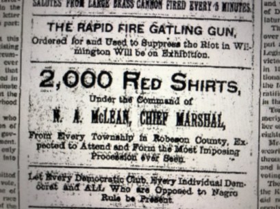 Notice of a Red Shirt parade in Lumberton, N.C., summer of 1900. The Robesonian (date unknown).