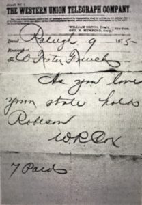 Telegram from W. R. Cox to W. Foster French, 1875, Reconstruction Papers (N.C.), P.C. 872, State Archives of North Carolina