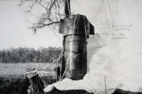 The threat of nuclear disaster often seemed especially proximate in eastern North Carolina largely due to the presence of several important military bases. In one notorious incident, in January 1961, a Boeing B-52 Stratofortress flying out of Seymour Johnson Air Force broke up in the skies above Wayne County, N.C. As it came apart, the bomber released a pair of 3-4 megaton nuclear bombs. Neither exploded, but 3 of the 4 safety triggers on one of the bombs had been activated when it crashed into a farm field in the community of Faro, about 12 miles north of Goldsboro. Photo courtesy, Wikicommons