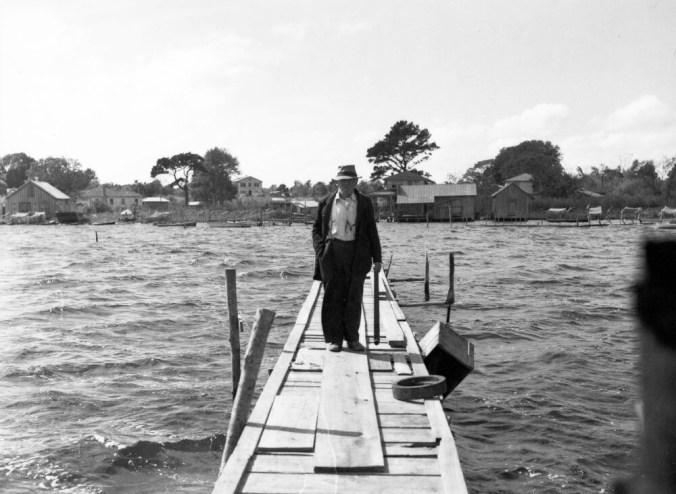 Jim Fulcher on his dock. His father, Joseph Fulcher, first came to the New River from a fishing village known as Davis Shore, 60 miles to the east in the "Down East" part of Carteret County. That was sometime between 1870 and 1880. At first, according to family lore, he and another Davis Shorer, Kenneth Davis, put up a tent and fished out of their campsite. Jim Fulcher's granddaughter, Rosetta Ward, told me that she always heard that Joseph eventually went back to Davis Shore and told his family that, on the New River, "Fish were so plentiful that they were jumping in the boat and the fritters were growing in the fritter trees!" (I assume he was talking about oyster and clam fritters!) According to Ms. Ward, other Fulchers from Davis Shore and another, nearby village, Stacy, eventually followed Joseph back to what became known as "Fulcher's Landing." Photo by Charles A. Farrell. Courtesy, State Archives of North Carolina