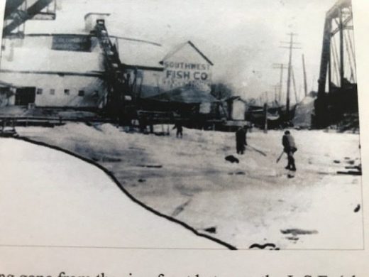 Workers cutting blocks of ice out of the Vermilion River for storage and use at the Southwest Fish Co. in Vermilion. Harvesting ice was a wintertime ritual for the local fish houses in the early 20th century. Courtesy, Ritter Public Library, Vermilion, OH. The original print comes from Rich Tarrant's splendid website Vermilion Views, which features historical photographs many of which originally appeared in the town's newspaper, The Vermilion News.
