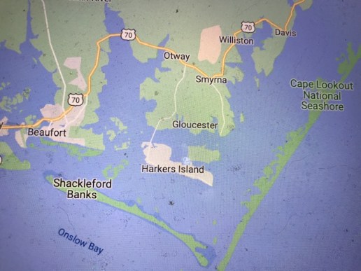 Today Straits is a rural community just north of the Harkers Island Bridge (seen in the center of this map). Until the early 1900s, local people also considered Straits to stretch well to the east along the shore, but much of that area is now considered the village of Gloucester. From Google Maps