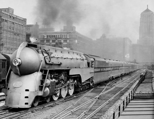 A new, streamlined version of the 20th Century Limited leaving Chicago in June 1938. The Limited was an express passenger train that ran from New York City to Chicago and back between 1902 and 1967. Courtesy, Associated Press