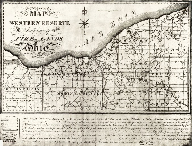Map of the Fire Lands, or Firelands, at the western end of what was called the Connecticut Western Reserve but is now part of Ohio. Established by the U.S. Congress in 1792, the land was considered restitution for residents of 8 Connecticut towns that British forces burned during the Revolutionary War. You can see Vermilion on the border of Huron and Lorain County, just below Lake Erie. Map published by William Sumner (1828). Courtesy, Cleveland Public Library